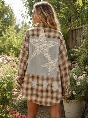 BlueVelvet XL Long Plaid Shirt/Duster with Star Accents